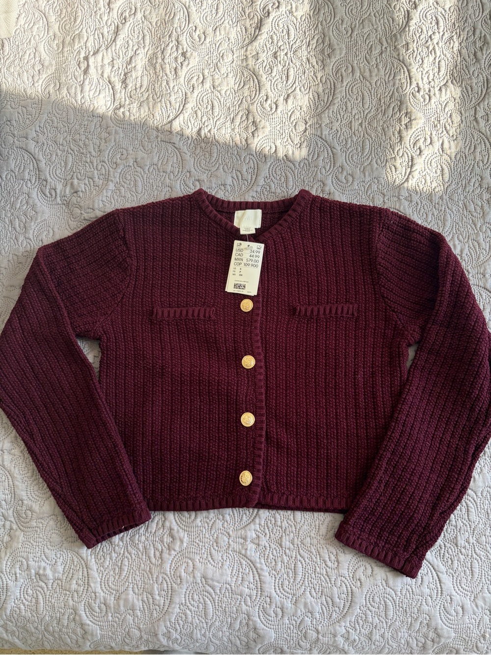 H&M Burgundy Knit Cardigan with Gold Buttons